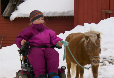 Jente i elektrisk rullestol leier en liten ponni.