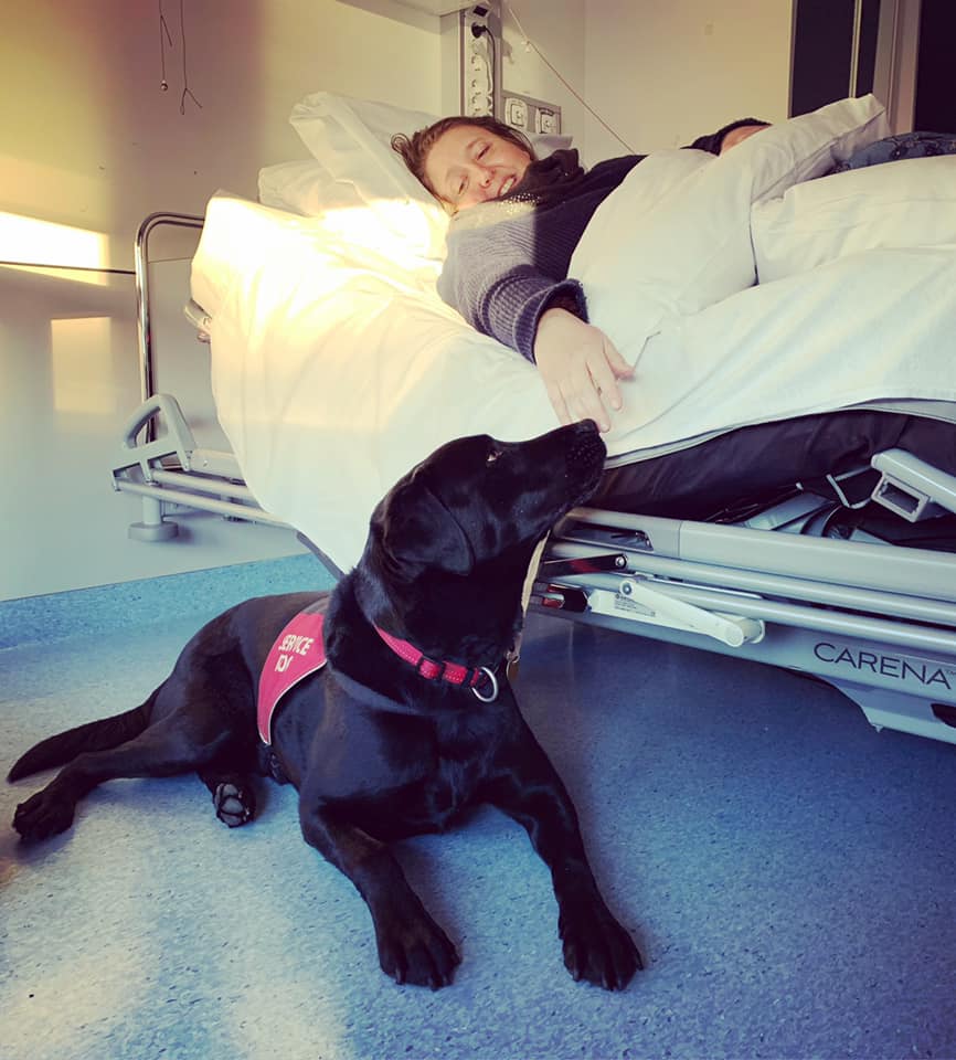 Heidi på sykehus med Ivo Dame smiler i sykehusseng med servicehund ved siden av sengen.