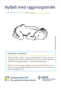 Forsiden på brosjyren Nyfødt med ryggmargsbrokk viser en animert naken baby liggende på magen.