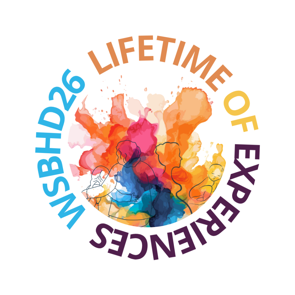 WSBHD26-Logo 25 oktober 2026 verdensdagen for ryggmargsbrokk og hydrocephalus. Årets logo med tema "Lifetime of experiences"