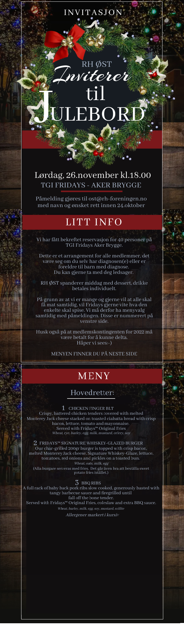 Invitasjon til RHØst sitt julebord på Fridays Aker Brygge med meny.