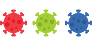 Animert bilde av tre virus, et rødt, et grønt og et blått.