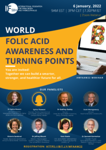 Blå og gul plakat med teksten: World folic acid awareness and turning points