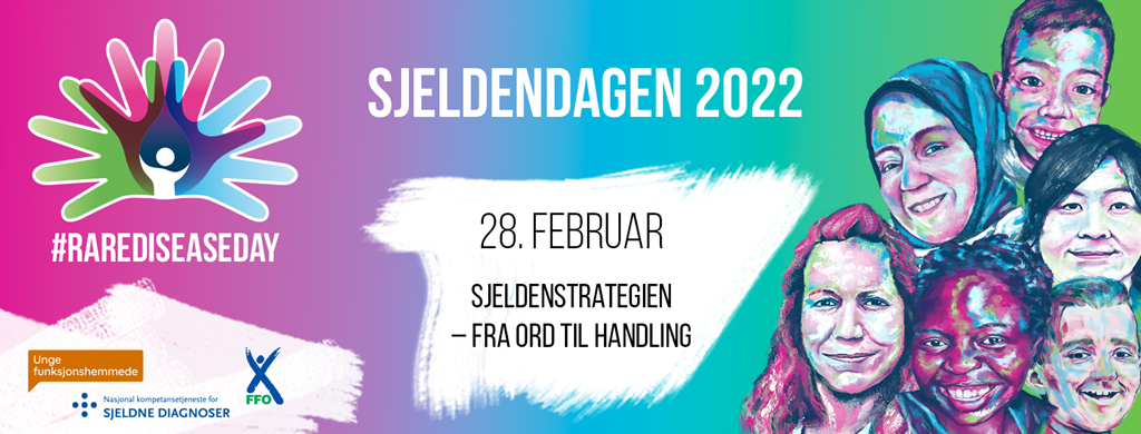 Banner med logo for sjeldendagen 2022. Animert bilde av ansikter fra flere forskjellige verdensdeler som alle har fargene grønt, rosa og blått malt i ansiktet.