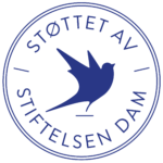 Logo. En blå fugl i sirkel med tekst støttet av Stiftelsen Dam.