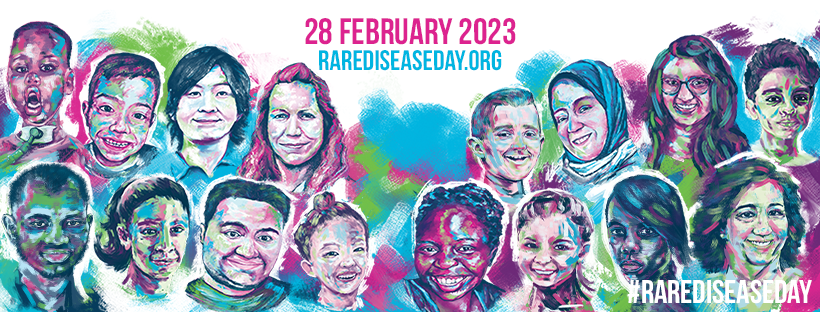 Animert bilde av ansikter til mennesker med forskjellig alder og nasjonalitet. Tekst 28 February 2023 rarediseaseday.org.