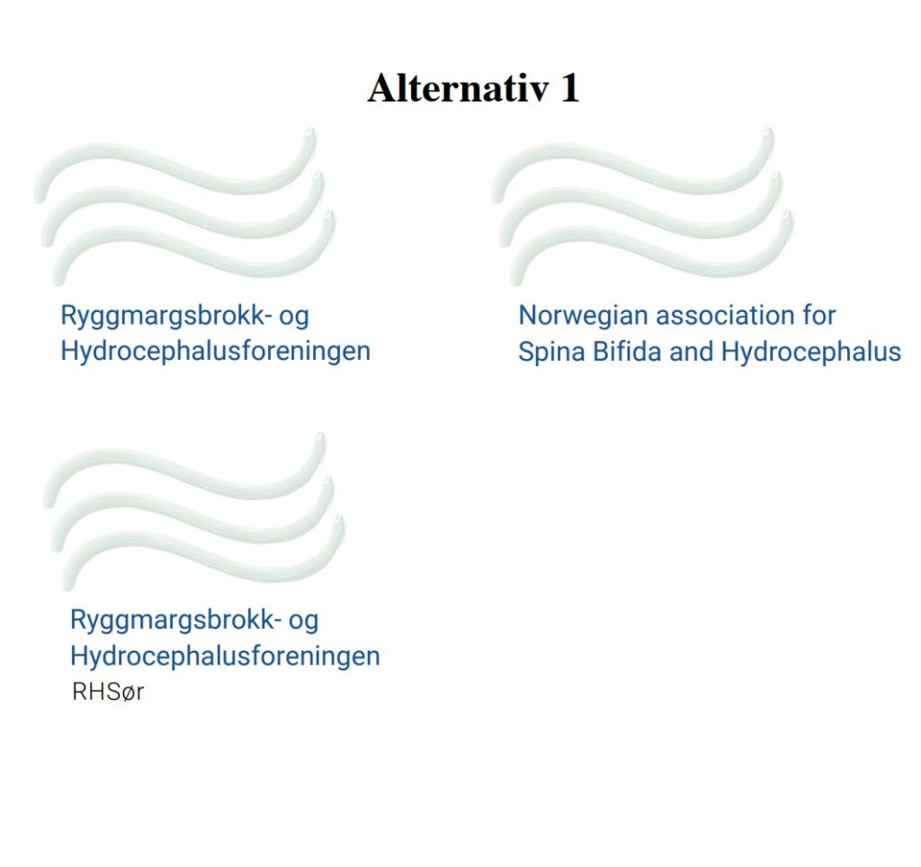 Logoforslag 1. Viser tre bølgelinjer i lys grønt med teksten Ryggmargsbrokk- og Hydrocephalusforeningen i blått.