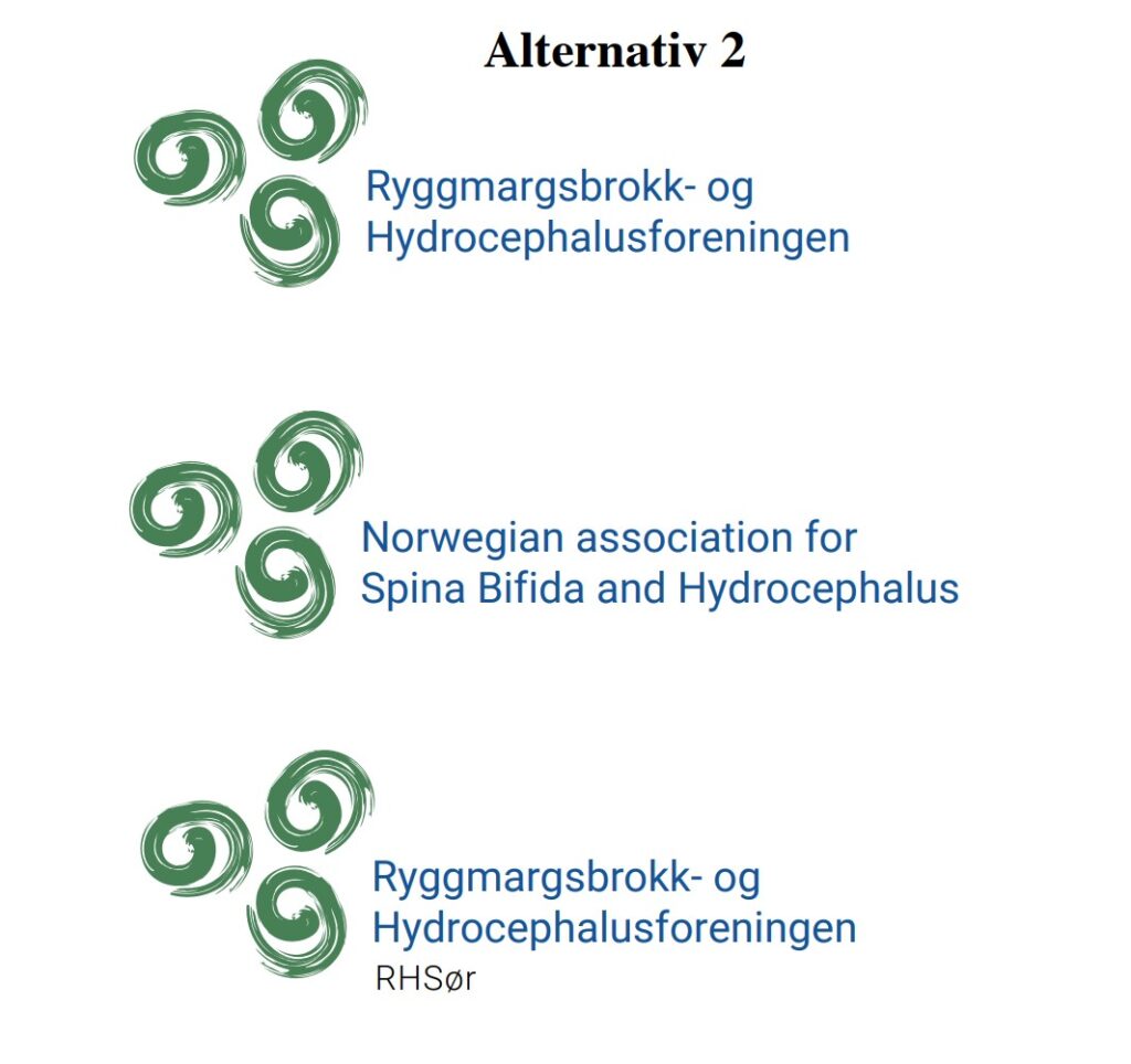 Logoforslag 2. Viser tre spiraler i grønt med teksten Ryggmargsbrokk- og Hydrocephalusforeningen i blått.