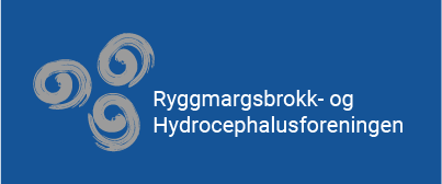 Ryggmargsbrokk- og Hydrocephalusforeningen ny logo 2023. Til venstre for navnet er tre grå spiraler på blå bakgrunn.
