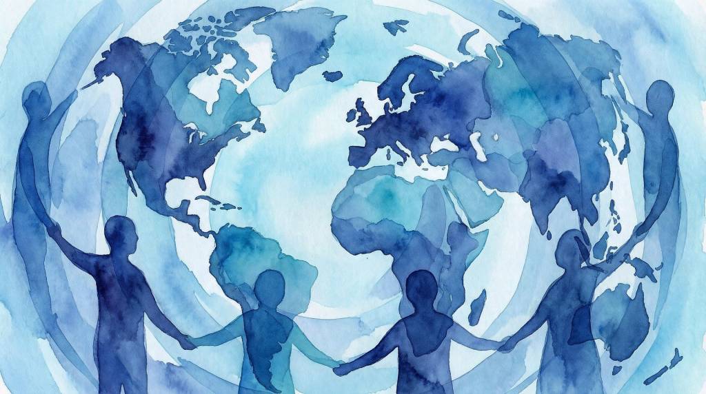 Blå jordklode med personer som står rundt kloden og holder hender